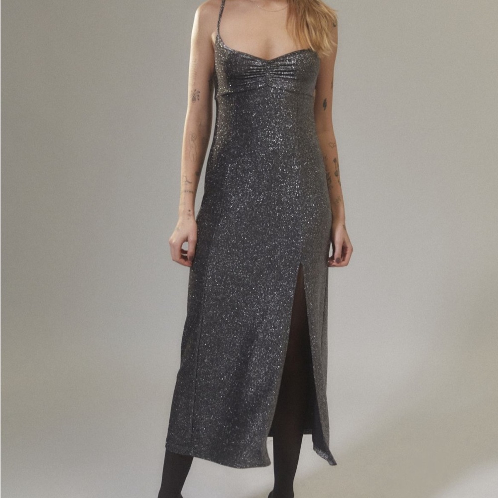 urban outfitters gray silver sparkly calf length dress